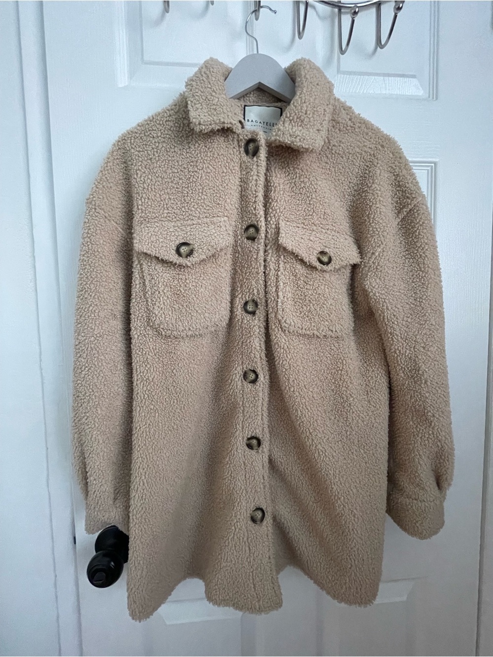 Women Beige Teddy Sherpa Button-Front Jacket